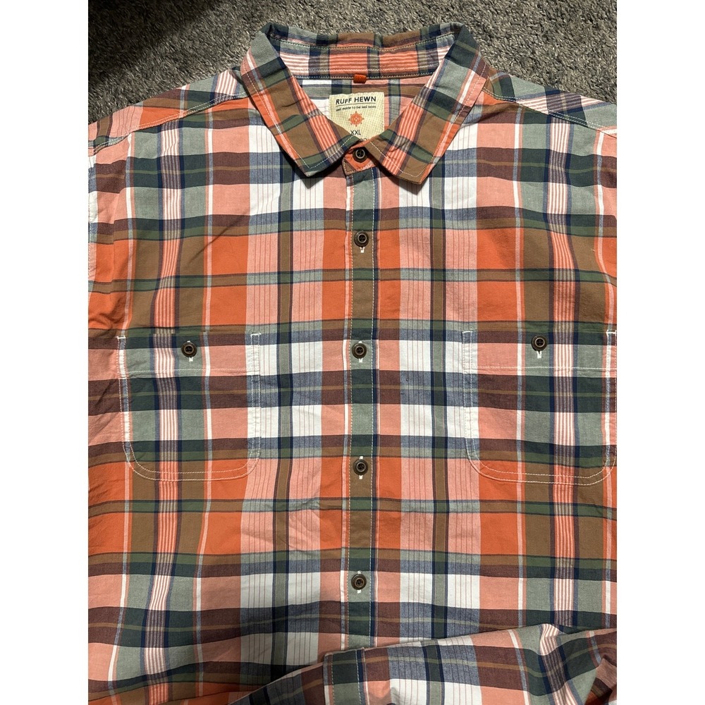 Ruff Hewn Mens Multicolor Button Down Shirt Short Sleeve XXL ‎ Plaid  Orange .